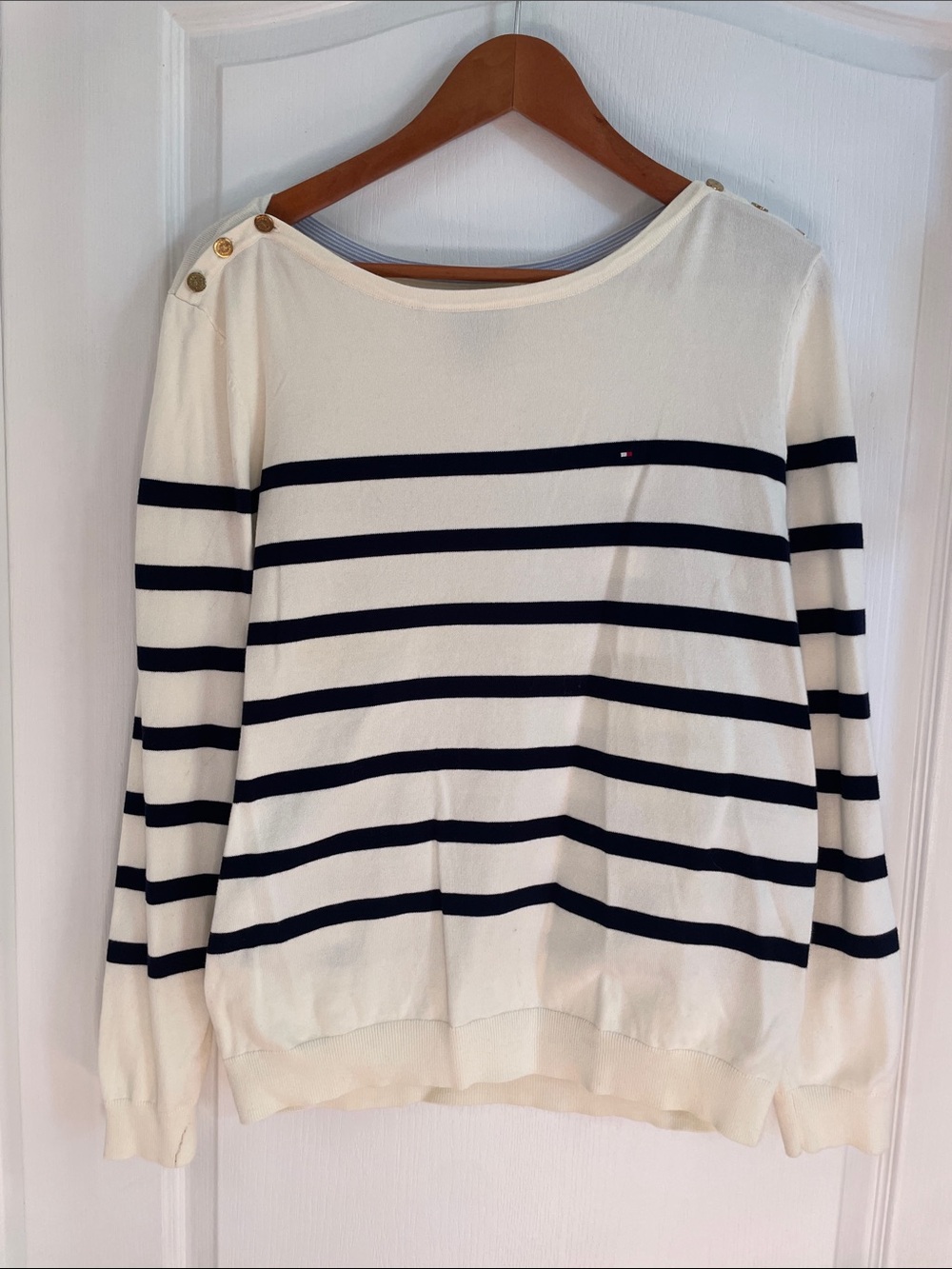 Tommy Hilfiger Cream and Navy Striped Button-Shoulder Sweater